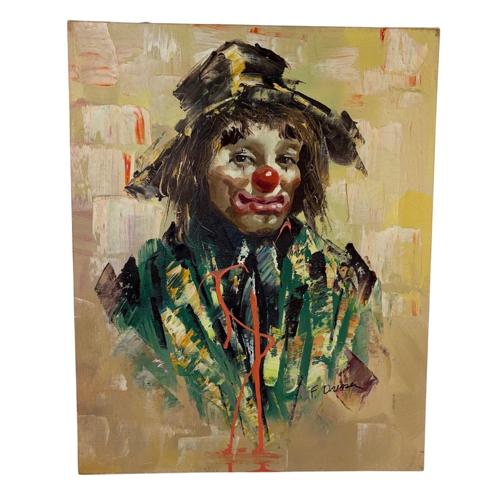 Vintage Clown Portrait‎ Painting, Signed F. Dressen, Dated 1976, Original 20x16
